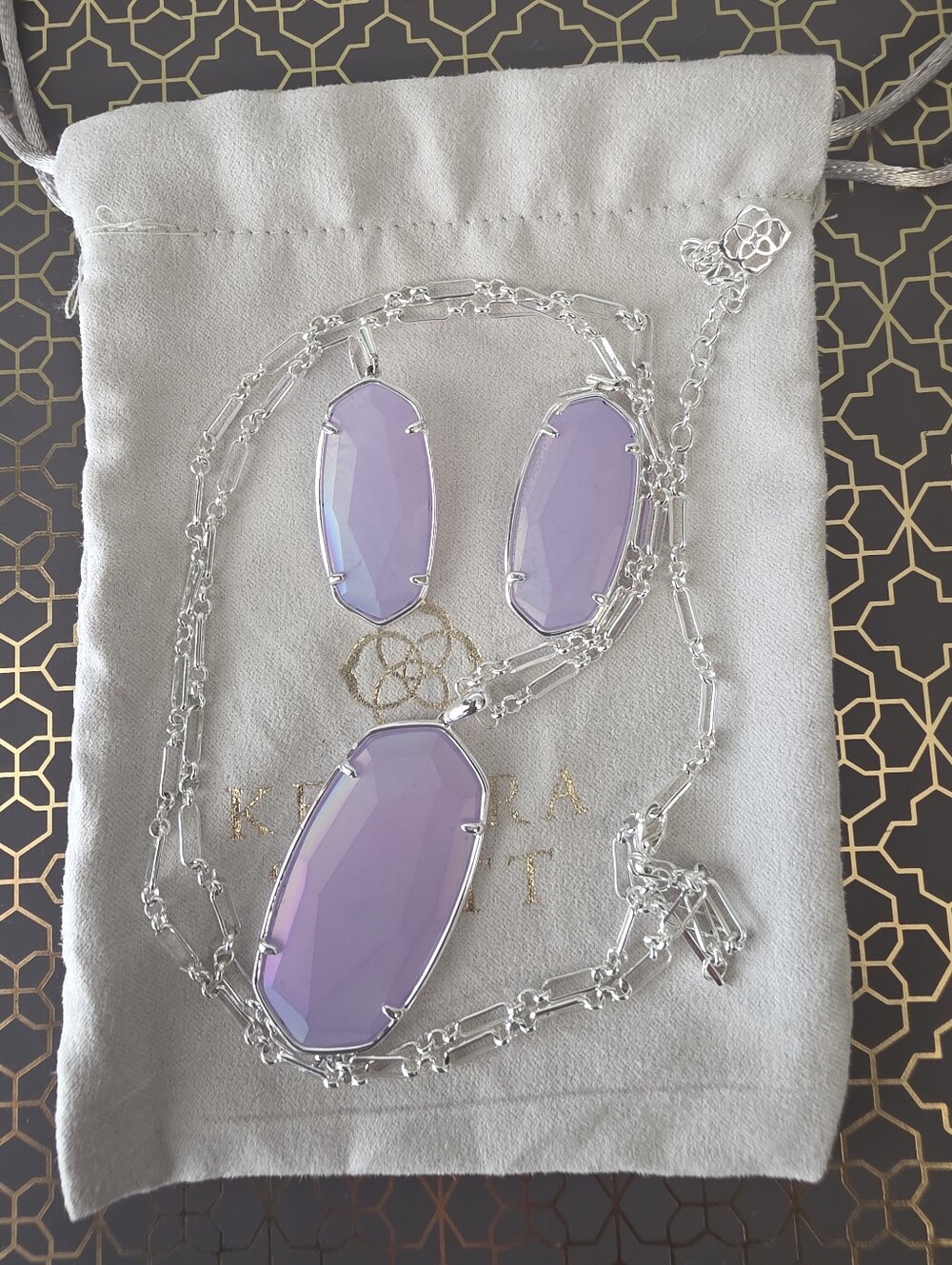Kendra Scott Silver/Matte Iridescent Lilac Elle Earring and Reid Necklace Ser